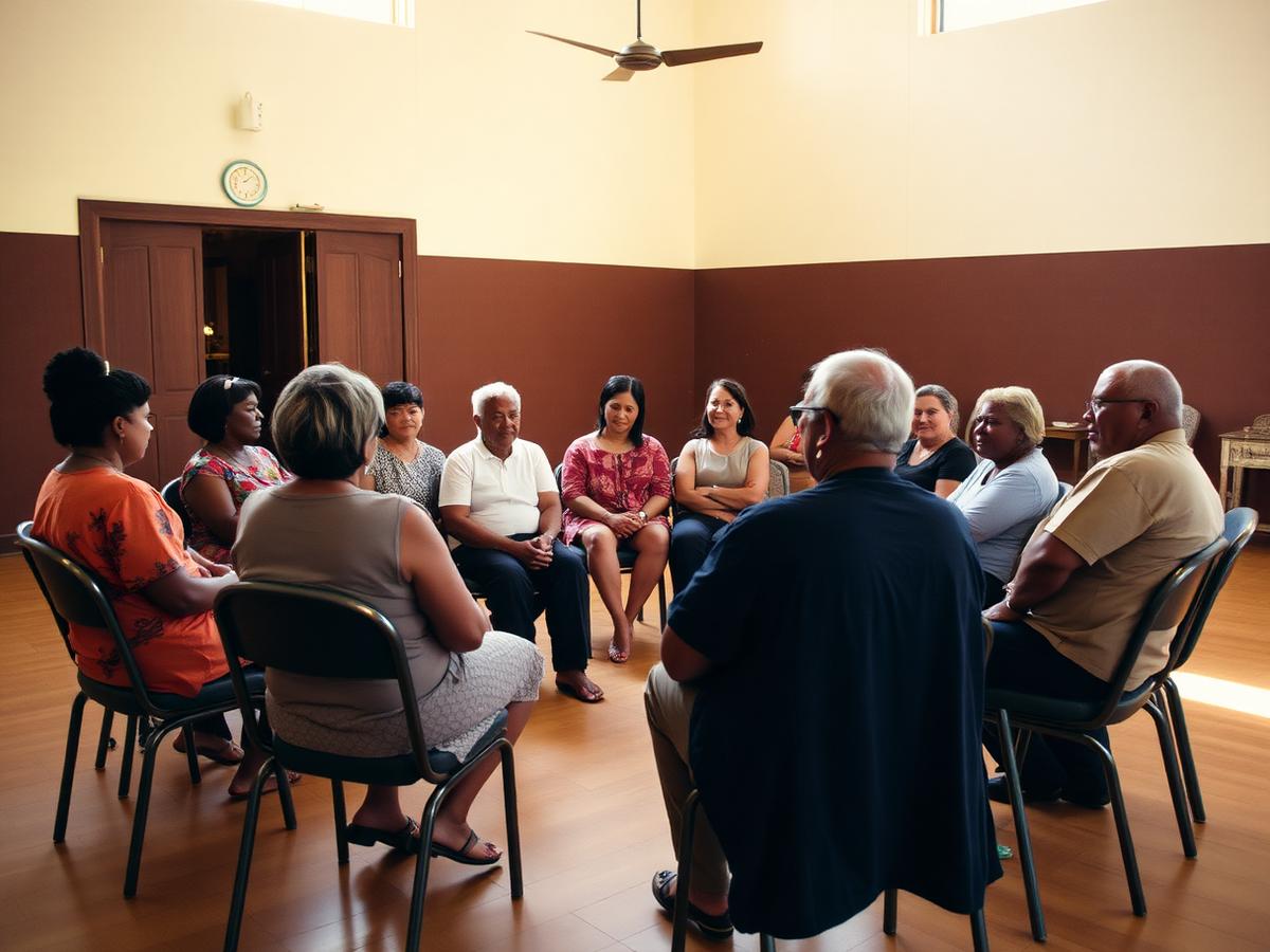 People sitting in a circle during a community listening session