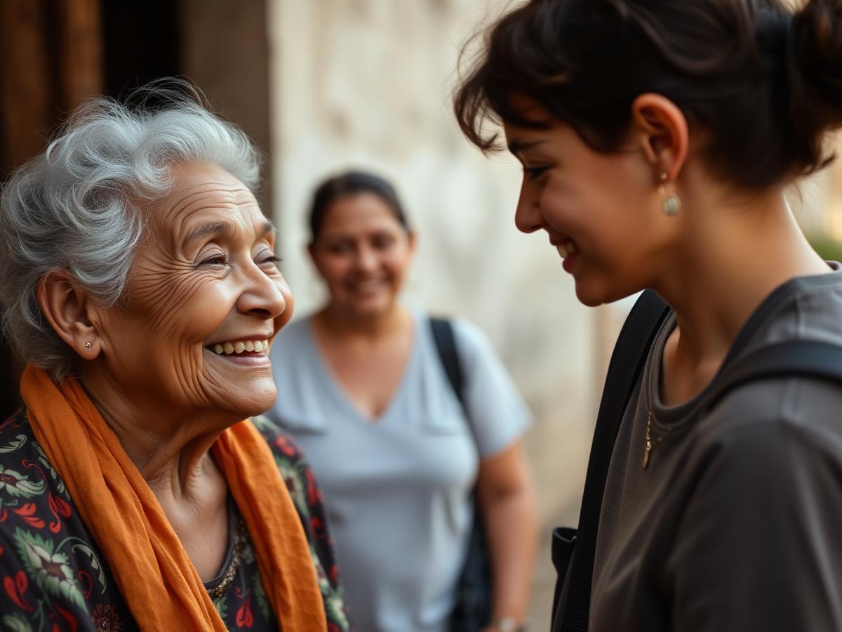 Voluntária conversando e sorrindo com uma senhora atendida pelo instituto